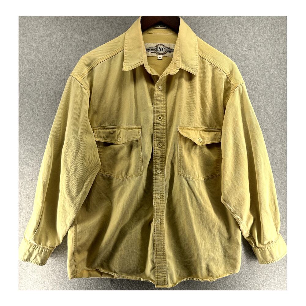 INC Mens Shirt Button Up Size Medium Yellow Distressed Pockets 100% Cotton